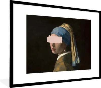 Produktbild von MuchoWow® Gerahmtes Poster Das Mädchen mit dem Perlenohrring - Vermeer - Rosa 80x60 cm - Poster mit Schwarzem Bilderrahmen Wandposter Rahmen Foto Bilder - Schlafzimmer-Dekorationen - Fotoposter