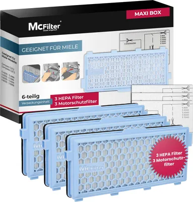 Produktbild von McFilter | 3 HEPA-Filter + 3 Motorfilter (zuschneidbar) passend f. Miele Staubsauger GN, Serie S4 S5 S6 S8, Complete C2, Compact C1, S8340, MAXI BOX