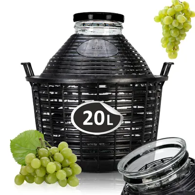 Zdjęcie produktu dla Balon szklany 20L w koszu na wino, nalewki, bimber do fermentacji – szeroki otwór