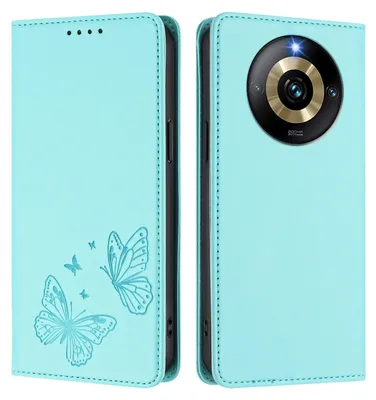 Produktbild von Lederhülle für Realme Narzo 60 Pro, Schmetterling Prägung Leder Brieftasche Schutzhülle mit Ständer Türkis