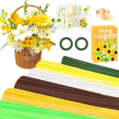 Produktbild von Pfeifenreiniger Set - 270 Stück zum Basteln - DIY Blumendekoration - 5 Farben Gelb mit Blumendraht und Blumenband