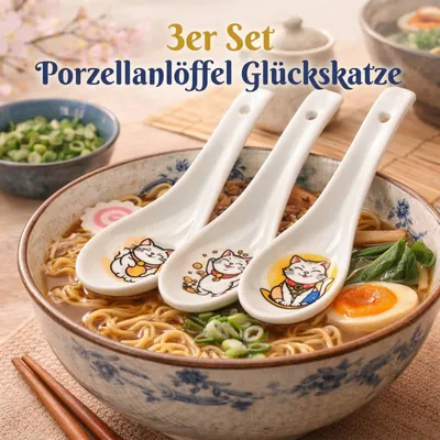 Produktbild von Glückskatze Porzellanlöffel 3er Set für Ramen, Suppe, Reis & Dessert