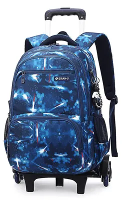 Productafbeelding van Rugzak met trolleyfunctie en wielen, voor jongens, blauw, lichtblauw, 32x19x48 cm