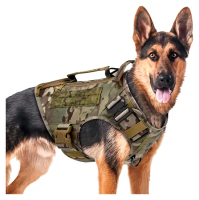 Produktbild von Taktisches Hundegeschirr für mittelgroße und große Hunde, verstellbare Hundeweste für Training, Jagd, Spaziergänge, Militär-Hundegeschirr mit Griff, Tarnmuster, Größe M (nur Weste)
