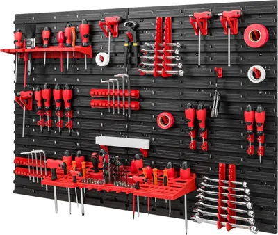 Produktbild von Wandlagerungssystem für Werkzeuge - 1152 x 780 mm Wandregal mit Werkzeughaltern und 38 Zubehörteilen - Werkzeugloch Wandwerkstatt Regalhaken