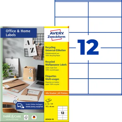 Produktbild von Avery Zweckform LR3424-10, Recycling Etiketten, Home Office, Kleinpackung, A4, 105 x 48 mm, 120 Etiketten / 10 Bögen, naturweiß