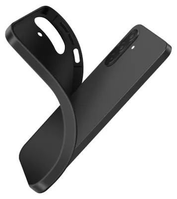 A black silicone phone case is shown from an angled perspective, with the case bent to reveal its interior.