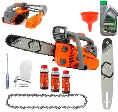 A collection of chainsaw parts and accessories laid out on a white background.