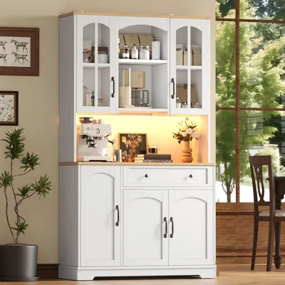 Produktbild von Abrihome Küchenschrank Hochschrank mit LED-Beleuchtung, 2 Glastüren, 1 Schublade, Vorratsschrank, Vitrine, 100 x 38 x 176 cm, Weiß