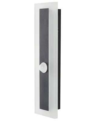 A modern, rectangular outdoor wall light with a black metal strip and a frosted white diffuser, featuring a motion sensor.