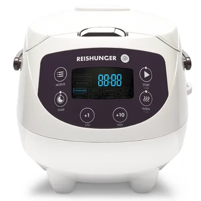 A white digital rice cooker with a dark control panel and a blue digital display.
