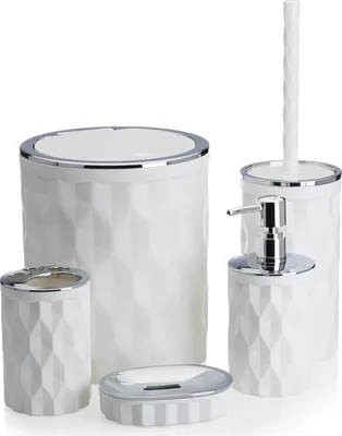 Obrázek produktu pro Koupelnová sada HowHomely, 5dílné koupelnové doplňky dávkovač mýdla, WC kartáč, mýdlenka, odpadkový koš a kelímek na zubní kartáčky, bílá barva