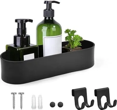 Productafbeelding van Unyqoos® Doucheplank – Zelfklevende doucheplank van ruimtealuminium, 28 x 9,3 x 6 cm, zwart, met 2 haken, boorvrij of schroefbaar, draagvermogen 10/25 kg