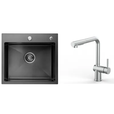 Produktbild von CECIPA Küchenspüle 50cm* 45cm Anthrazitschwarz + Ausziehbarerr Küchenarmatur Gebürsteter