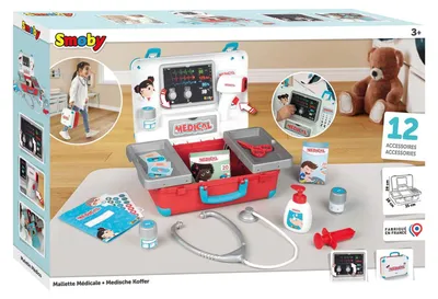 Image de SMOBY Mallette médicale 12 pièces - Mallette de médecin avec accessoires, thermomètre mécanique, stéthoscope