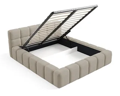 A bed frame with the mattress support mechanism open, revealing storage space underneath.