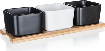 Produktbild von Vorspeisenteller, Snackplatte, 3 Salatschüsseln + ein Tablett, Schwarz und Weiß, Keramik Brilliante