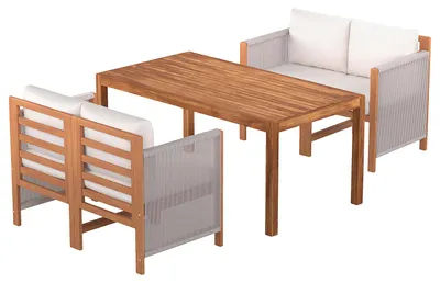Produktbild von home24 Dining-Loungeset - 5-teilig - Akazie Massiv / Polyester - Braun / Beige