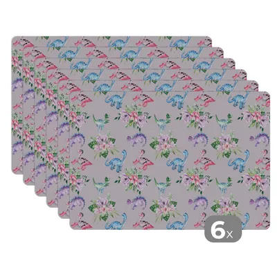 Obrázok produktu pre MuchoWow® Podložky Sada 6 podložiek Umývateľné podložky 30x45x0.3cm Detská izba - Dinosaurus - Sivá - Dievčatá - Deti - Ružová Podložka pod stôl