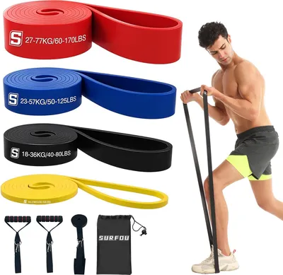 Produktbild von SURFOU Fitnessbänder Set mit 4 Widerstandsstufen, Widerstandsbänder mit Türanker, 2 Griffen, Übungsanleitung & Tragebeutel, für Yoga, Pilates, Krafttraining, Klimmzughilfe