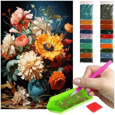 Zdjęcie produktu dla Haft diamentowy ARTULIO - Bukiet kwiatów w wazonie - 60 x 40 cm - Diamond painting, Kompletny zestaw: mozaika + akcesoria