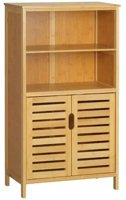 Obrázok produktu pre Skrinka do kúpeľne z bambusu – 2 otvorené priehradky a skrinka | Farba: prírodné drevo | Rozmery: 50 x 29 x 92 cm