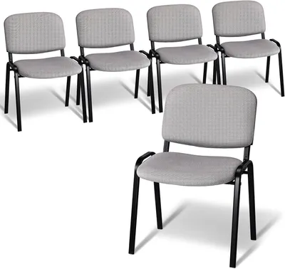 A group of five light gray chairs with black metal frames are arranged on a white background. Four chairs are in the background, slightly overlapping, and one chair is in the foreground, centered.