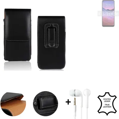 Produktbild von K-S-Trade Leder Gürteltasche + Kopfhörer kompatibel mit ZTE a1 Seitentasche Belt pouch Holster Handyhülle Schutz Hülle Etui schwarz 1x