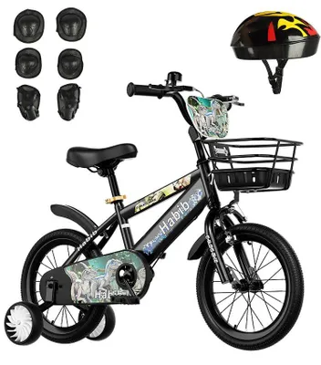 Produktbild von Habib Dino Kinderfahrrad 12 14 16 Zoll | Jungen Stützräder Helm Schutzset Pumpe: Schwarz / 12 zoll