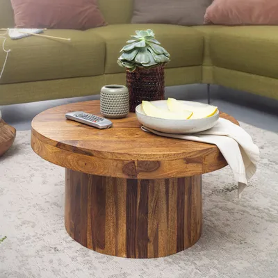 Immagine prodotto di FineBuy tavolino in legno massiccio di sheesham rotondo Ø 60 cm, altezza 30 cm - robusto tavolino da salotto dal design moderno a tamburo con base a colonna, fatto a mano