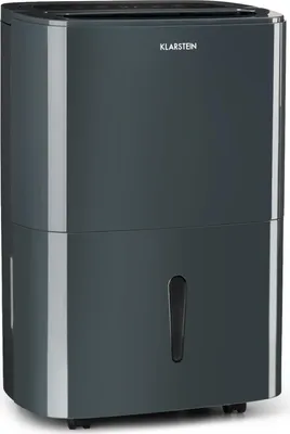 A dark gray dehumidifier with a water collection tank visible on the front.