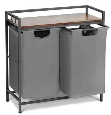 Image de Panier à linge double – Collecteur de linge avec 2 compartiments – Sacs Oxford amovibles – Étagère en bois – Structure métallique robuste – Idéal pour la salle de bain et la chambre