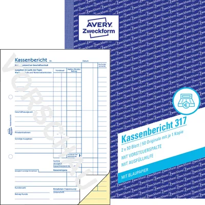 Produktbild von Avery Zweckform 317, Kassenbericht, A5, mit Blaupapier, 2x50 Blatt