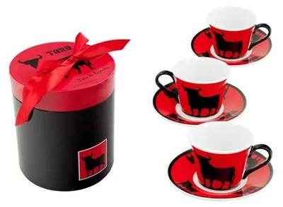 Kaffeeset, 6 Tassen, Keramik, 8x6x5 cm, rot/schwarz