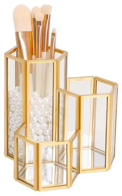 Produktbild von Make-up-Pinselhalter, Pinselaufbewahrung, goldener Make-up-Organizer, Glaspinselhalter, Kosmetik-Organizer für Badezimmer, Arbeitsplatte oder Schreibtisch.