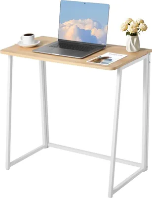 Immagine prodotto di Scrivania pieghevole, tavolino pieghevole da 80 cm per spazi ridotti, tavolo per computer salvaspazio, robusto pannello truciolare con ganci portaoggetti, postazione di lavoro per l'ufficio domestico, facile da montare, rovere