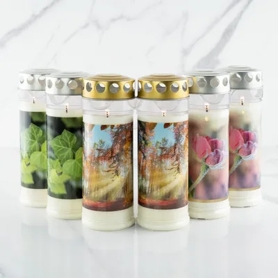 Produktbild von HOFER Grabkerzen 7 Tage Brenndauer mit Motiv - 6 Stück - [Stille Select] - Regenfest - Trauerkerzen mit Deckel - Grablicht, Friedhofskerze - Grabdeko