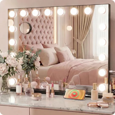 Immagine prodotto di Specchio trucco Hollywood nero 58x48cm da tavolo con 15 luci LED, luce regolabile, altoparlante Bluetooth e ingrandimento 10X