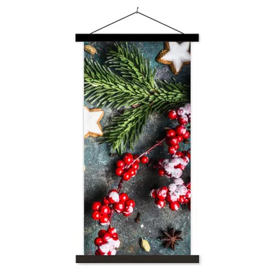 Produktbild von MuchoWow® Textilposter Weihnachten - Rustikal - Zweige - Sternanis - Beeren - Rot 90x180 cm mit schwarzem Rahmen - Dekoration Wohnzimmer
