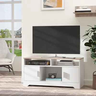Zdjęcie produktu dla RTV-szafka z trzema szafkami i dwiema otwartymi półkami, wykonana z drewna, wymiary: 105x40x52 cm, kolor biały