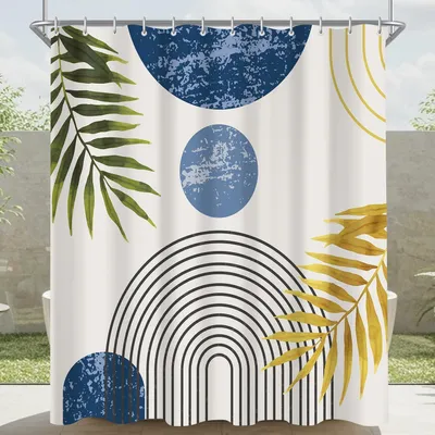 Productafbeelding van Douchegordijn 120x200 cm, blauw, met bladmotief, textiel, waterafstotend, anti-schimmel, wasbaar, met 12 ringen