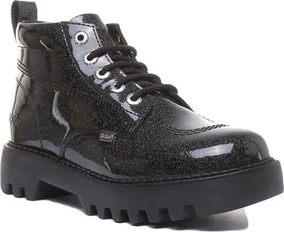 Produktbild von Kickers Kizziie Hi 5 Ösenschnürstiefel mit klobiger Sohle schwarzem Lack für Frauen – undefined / Schwarzes Patent