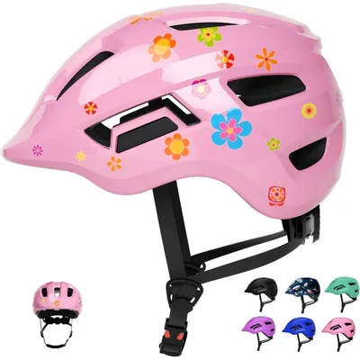 Productafbeelding van Kinderhelm, fietshelm, geschikt voor peuters en baby's, verstelbaar, roze met bloemenprint