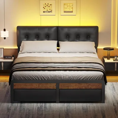 A bedroom scene with a bed as the main focus, illuminated by warm lighting.