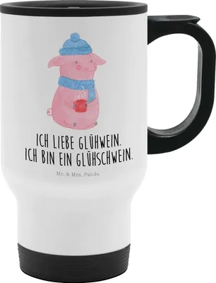 Produktbild von Mr. & Mrs. Panda Thermobecher Schwein Glühwein - Weiß - Geschenk, Mehrwegbecher, Advent, Kaffeebecher To Go, Glühschwein, To-Go-Becher, Weihnachtsmarkt, thermosbecher