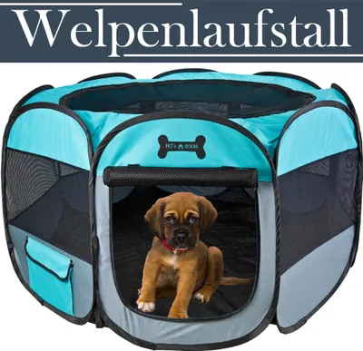 Produktbild von Welpenauslauf Oxford XL 115 cm faltbar Grün Welpenlaufstall Tierlaufstall Hunde Hasen Meerschweinchen Katzen Innen Außen 8-eckig Petigi