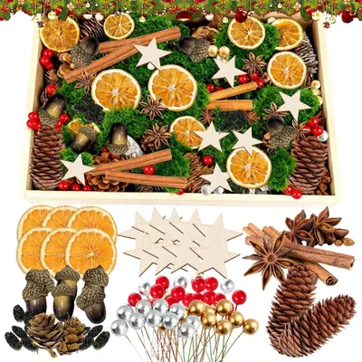 Image de Kit de décoration de couronne de Noël, comprenant 119 pièces avec des cônes de pin, des tranches d'orange et de la mousse