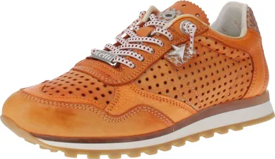 A single orange sneaker is shown against a white background.