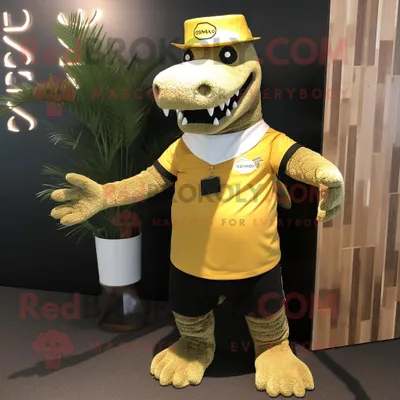 Produktbild von Goldene REDBROKOLY Krokodil Maskottchen Kostüm figur bekleidet mit einem Henley-T-Shirt und Krawattennadeln