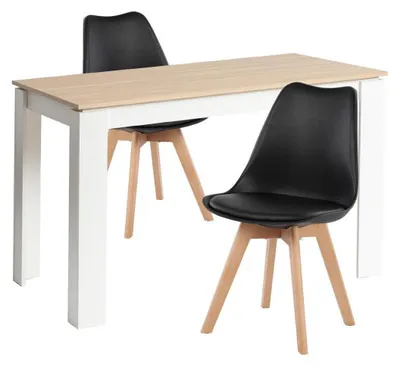 Image de Ensemble de salle à manger comprenant une table et 2 chaises, forme rectangulaire, finition chêne et blanc, dimensions : 120 cm, couleur : noir